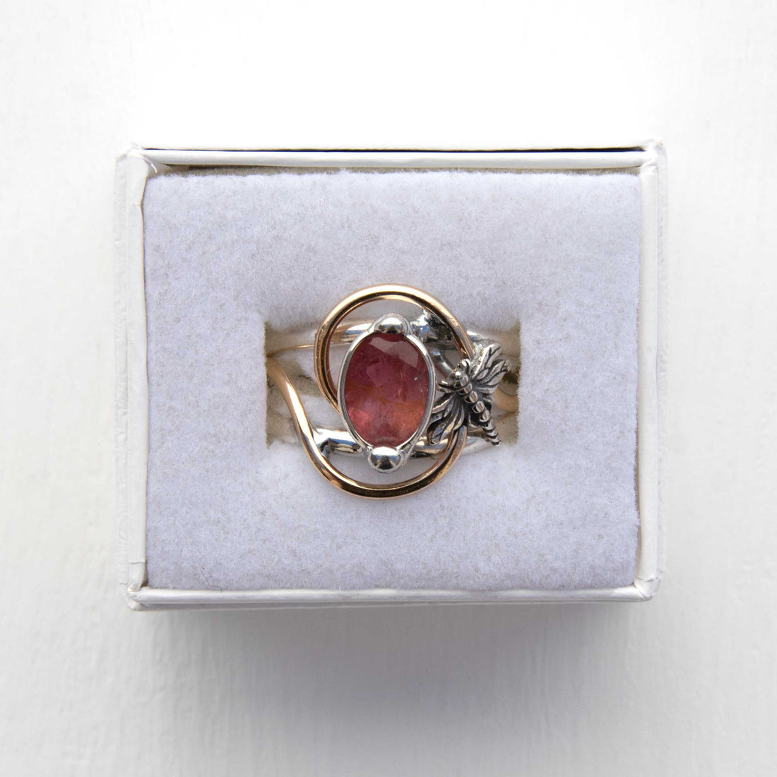 Pink Tourmaline - Ring, Gold & Silver Dragonfly