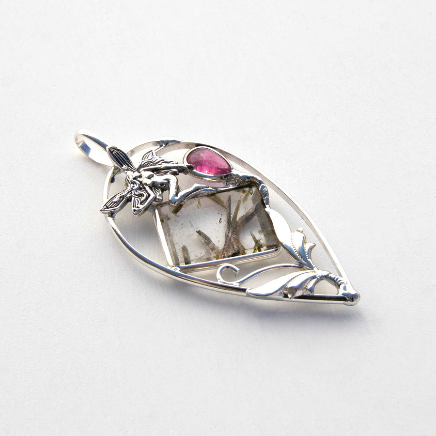Pink Tourmaline, Chlorite Quartz - Pendant, Silver Fairy