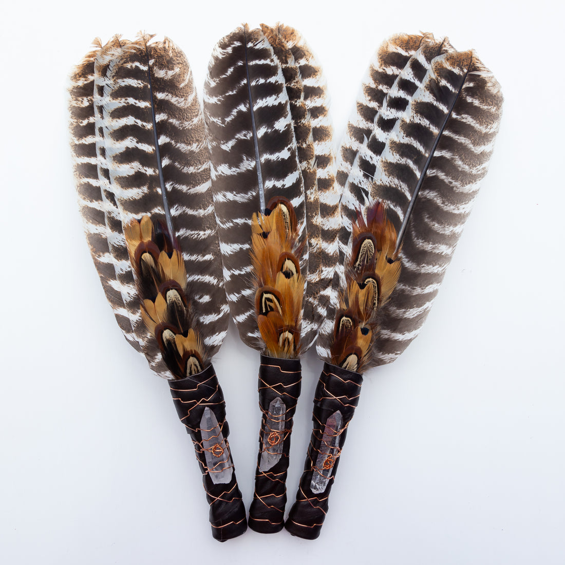 Fans - Three Feather, Striped Turkey Feathers, w/ Quartz Point