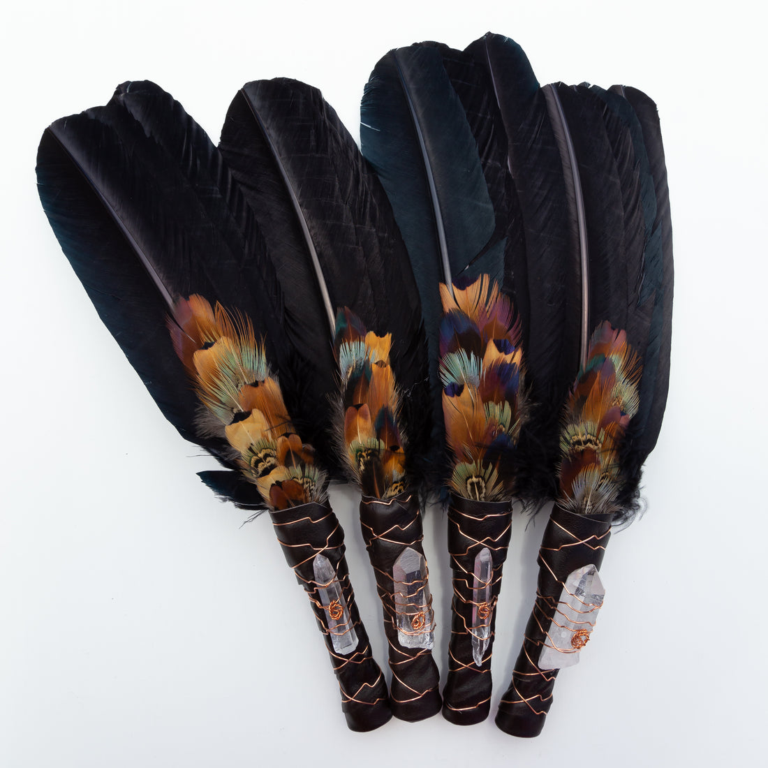 Fans - Three Feather, Black Turkey Feathers, w/ Quartz Point