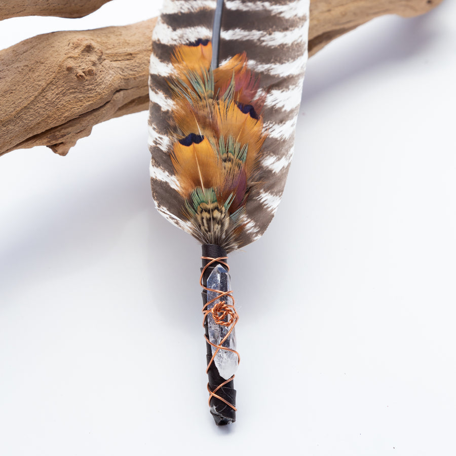 Fans - Single Feather, Striped Turkey Feather, w/ Quartz Point